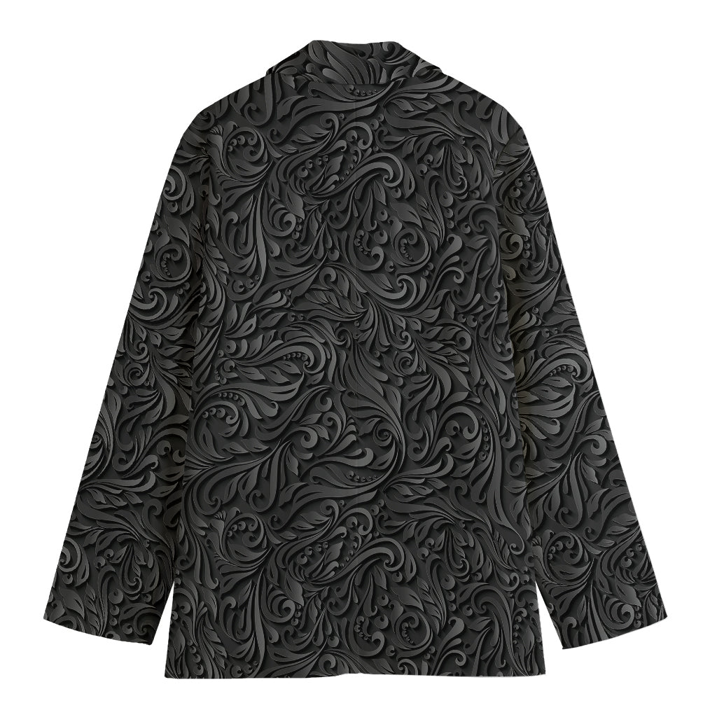 Black Western Damask Floral Print Women's Cotton Blazer