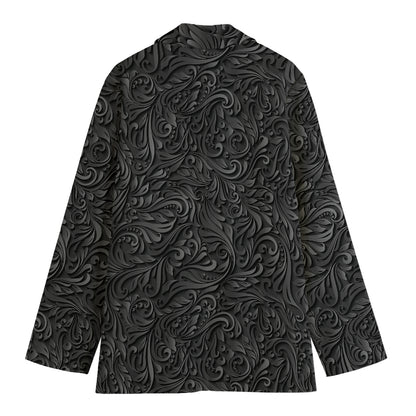 Black Western Damask Floral Print Women's Cotton Blazer