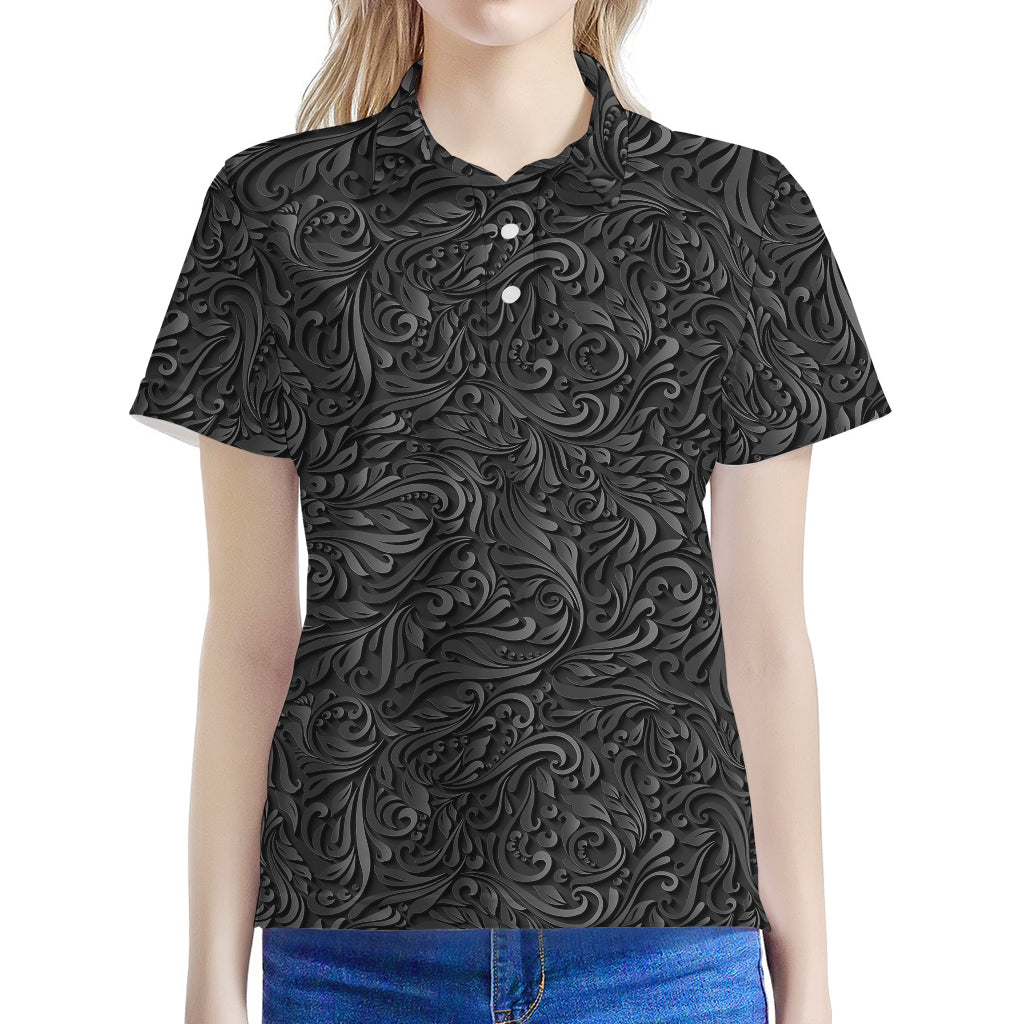 Black Western Damask Floral Print Women's Polo Shirt