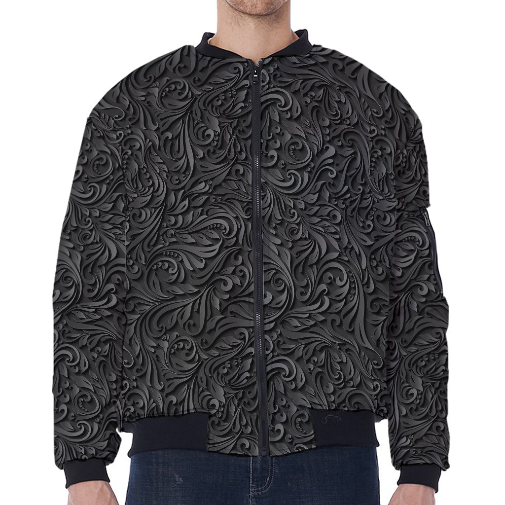 Black Western Damask Floral Print Zip Sleeve Bomber Jacket