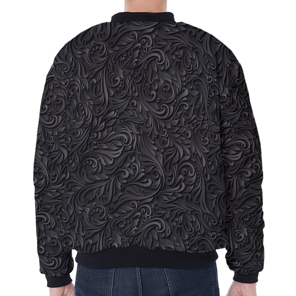 Black Western Damask Floral Print Zip Sleeve Bomber Jacket