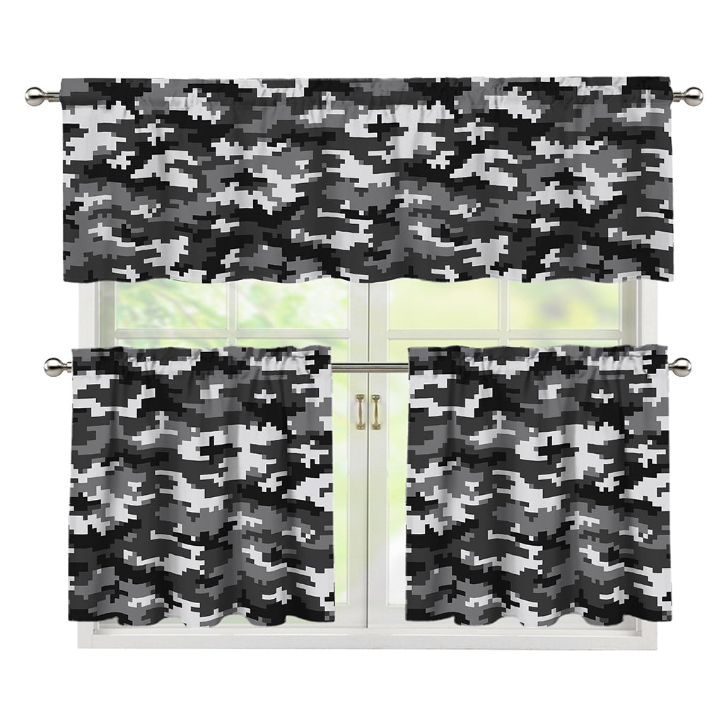 Black White And Grey Digital Camo Print 3 Piece Kitchen Curtains
