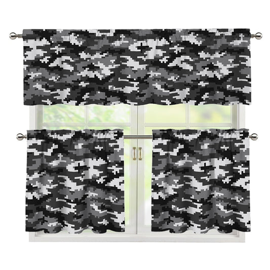 Black White And Grey Digital Camo Print 3 Piece Kitchen Curtains