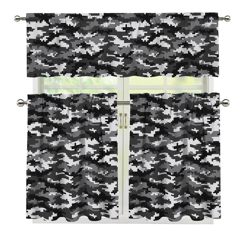 Black White And Grey Digital Camo Print 3 Piece Kitchen Curtains