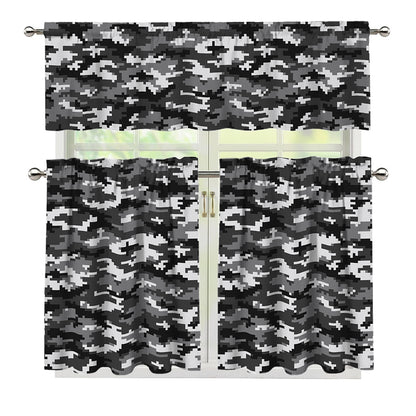 Black White And Grey Digital Camo Print 3 Piece Kitchen Curtains