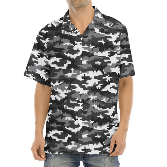 Black White And Grey Digital Camo Print Aloha Shirt