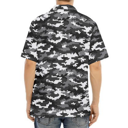 Black White And Grey Digital Camo Print Aloha Shirt