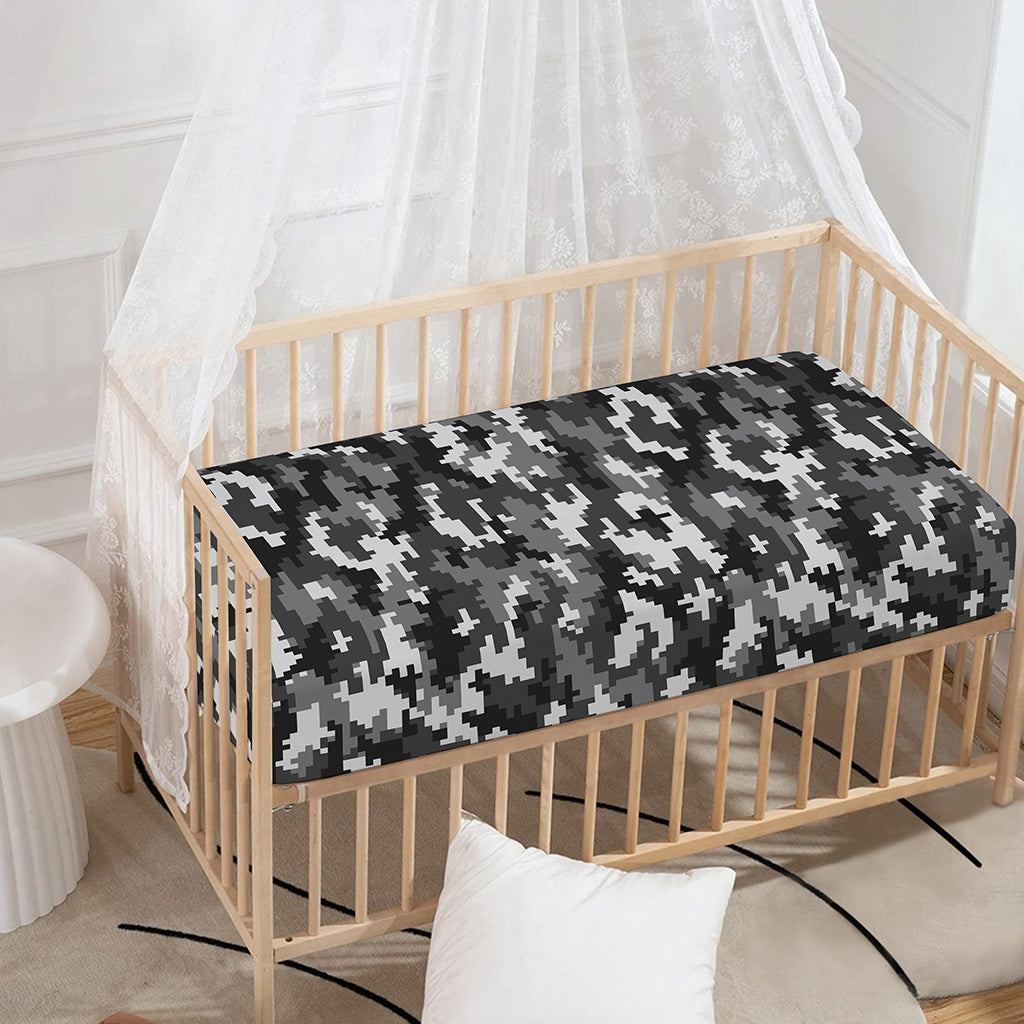Black White And Grey Digital Camo Print Baby Crib Sheet