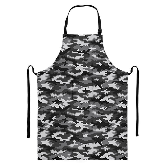 Black White And Grey Digital Camo Print Bib Apron With Pocket