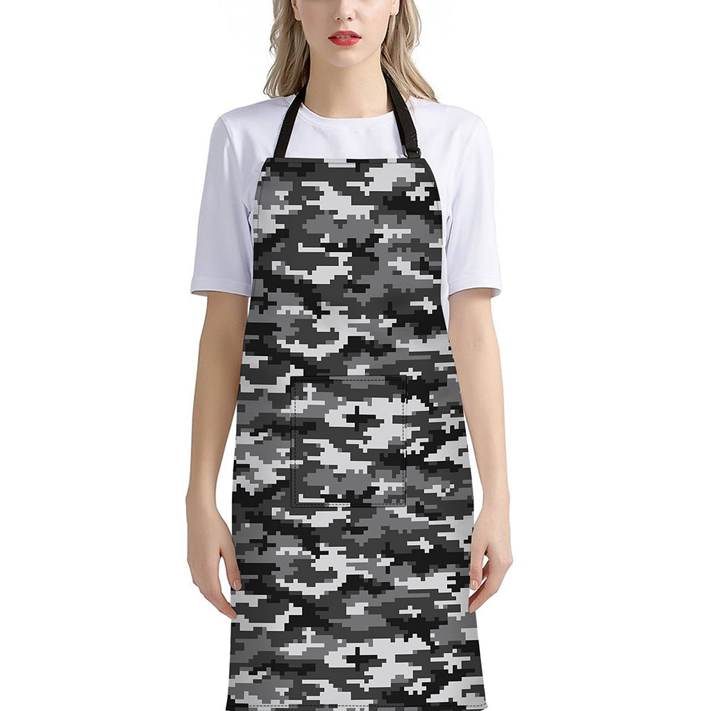 Black White And Grey Digital Camo Print Bib Apron With Pocket