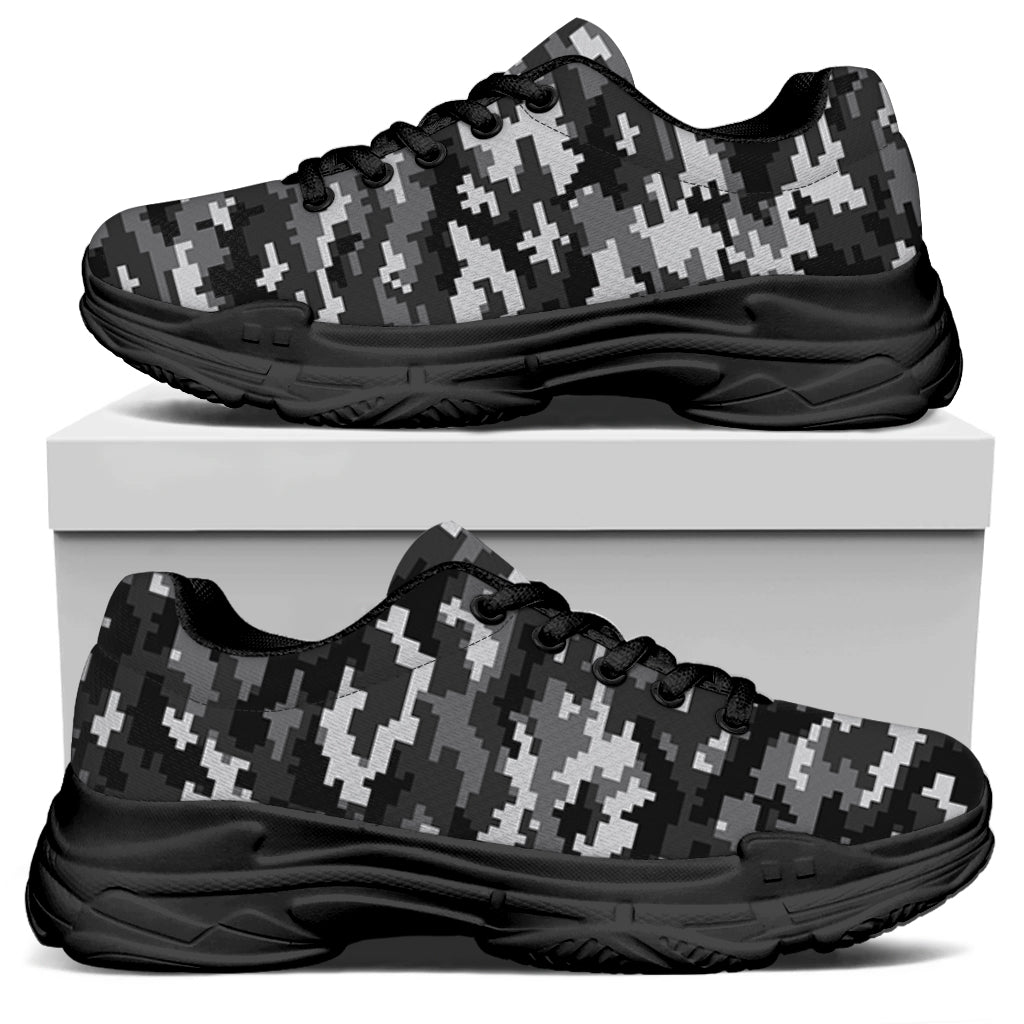 Black White And Grey Digital Camo Print Black Chunky Shoes