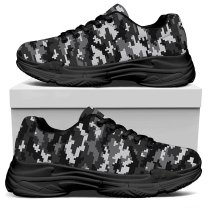 Black White And Grey Digital Camo Print Black Chunky Shoes