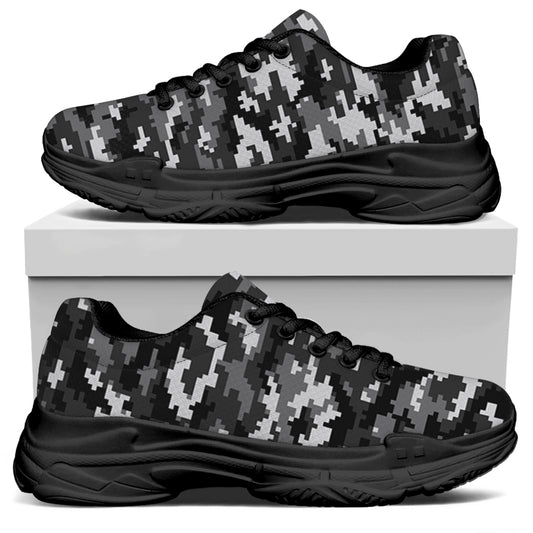 Black White And Grey Digital Camo Print Black Chunky Shoes