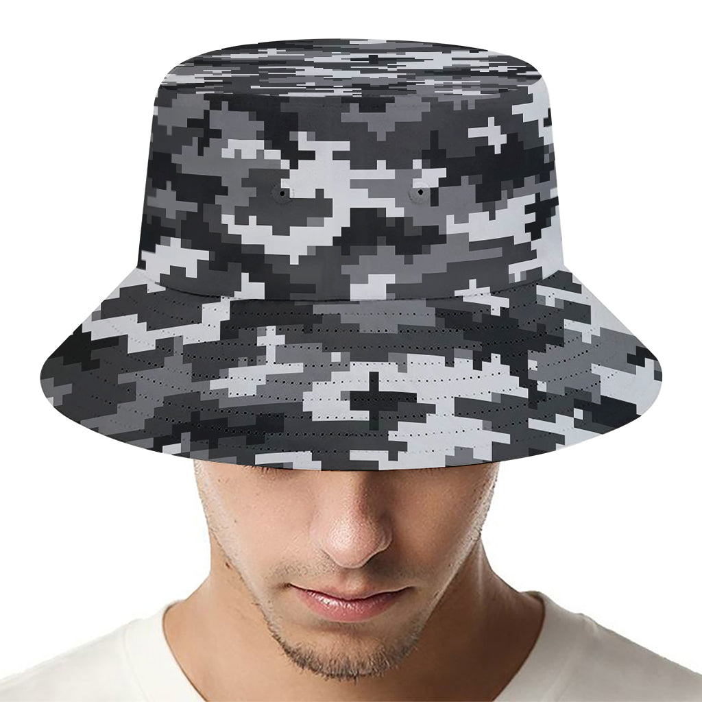 Black White And Grey Digital Camo Print Bucket Hat