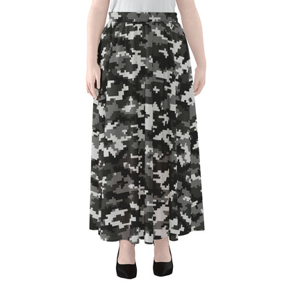 Black White And Grey Digital Camo Print Chiffon Maxi Skirt