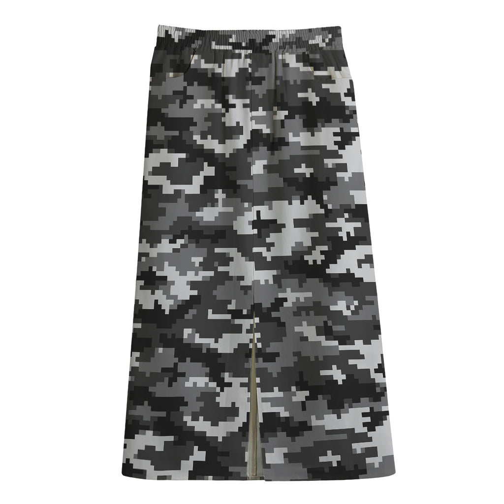 Black White And Grey Digital Camo Print Cotton Front Slit Maxi Skirt