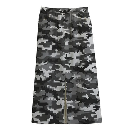 Black White And Grey Digital Camo Print Cotton Front Slit Maxi Skirt