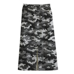 Black White And Grey Digital Camo Print Cotton Front Slit Maxi Skirt