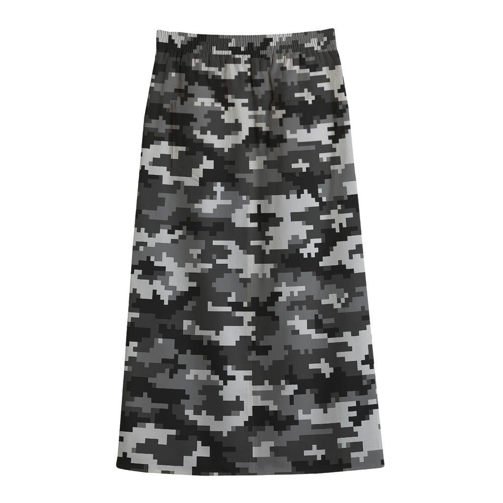 Black White And Grey Digital Camo Print Cotton Front Slit Maxi Skirt