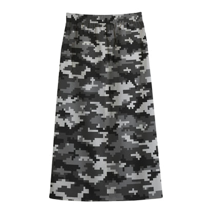 Black White And Grey Digital Camo Print Cotton Front Slit Maxi Skirt