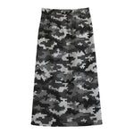 Black White And Grey Digital Camo Print Cotton Front Slit Maxi Skirt