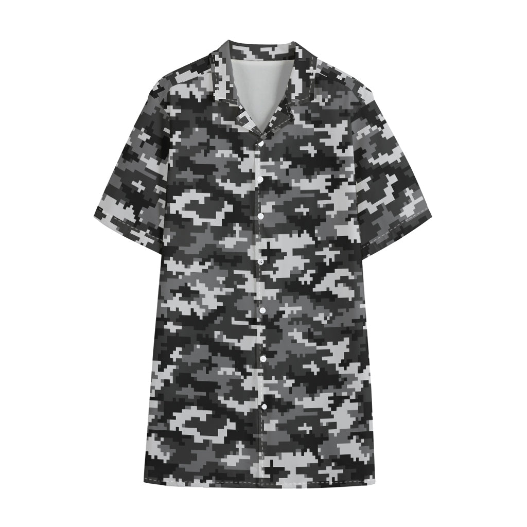 Black White And Grey Digital Camo Print Cotton Hawaiian Shirt
