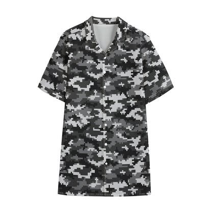 Black White And Grey Digital Camo Print Cotton Hawaiian Shirt