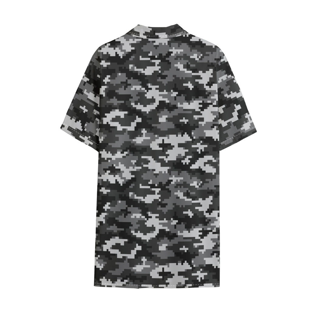 Black White And Grey Digital Camo Print Cotton Hawaiian Shirt
