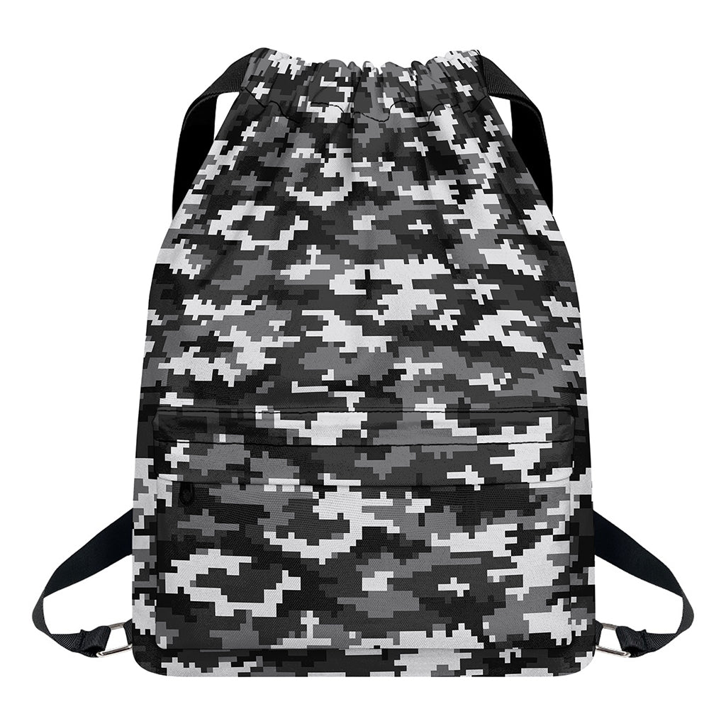 Black White And Grey Digital Camo Print Drawstring Backpack