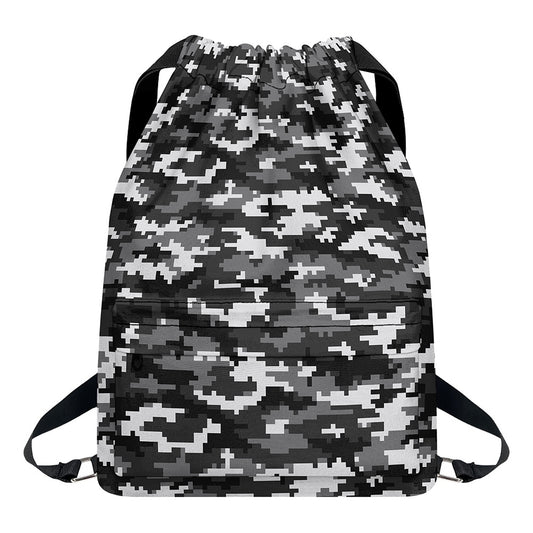 Black White And Grey Digital Camo Print Drawstring Backpack