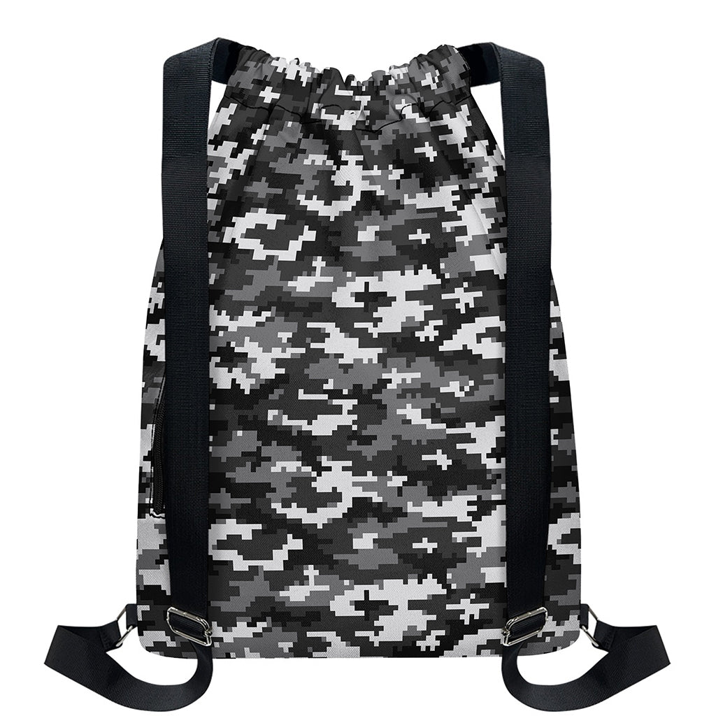 Black White And Grey Digital Camo Print Drawstring Backpack