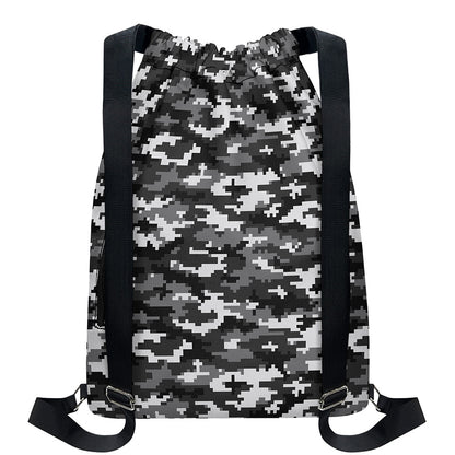 Black White And Grey Digital Camo Print Drawstring Backpack