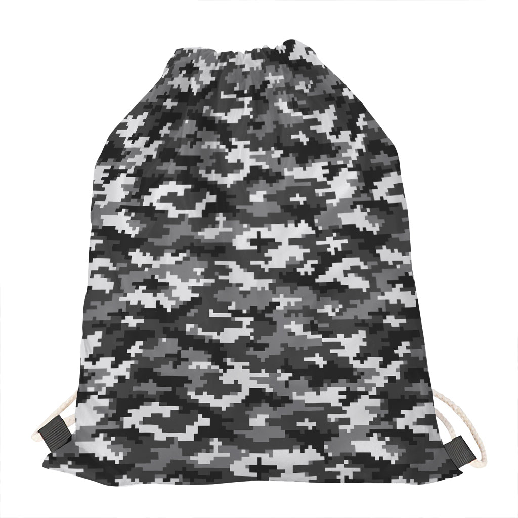 Black White And Grey Digital Camo Print Drawstring Bag