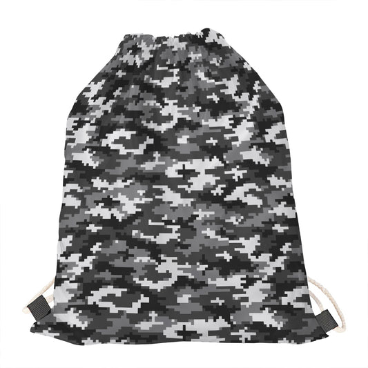 Black White And Grey Digital Camo Print Drawstring Bag