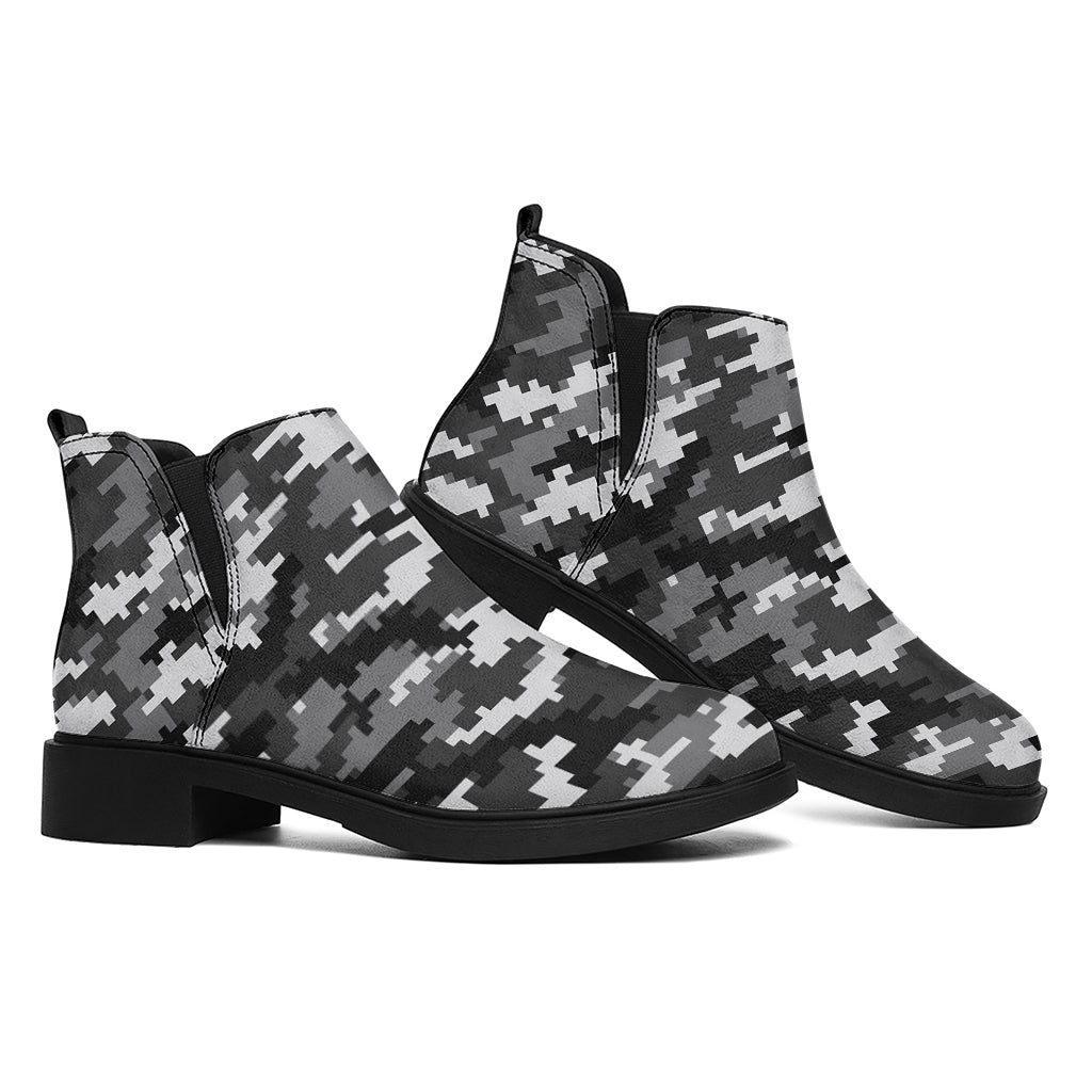 Black White And Grey Digital Camo Print Flat Ankle Boots