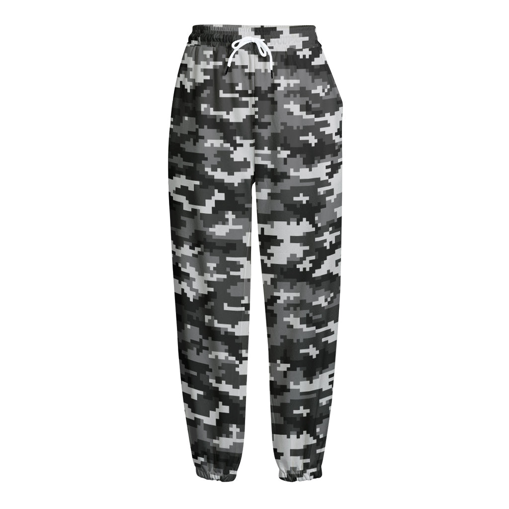 Black White And Grey Digital Camo Print Fleece Lined Knit Pants
