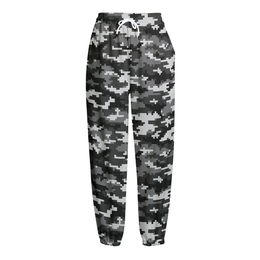 Black White And Grey Digital Camo Print Fleece Lined Knit Pants