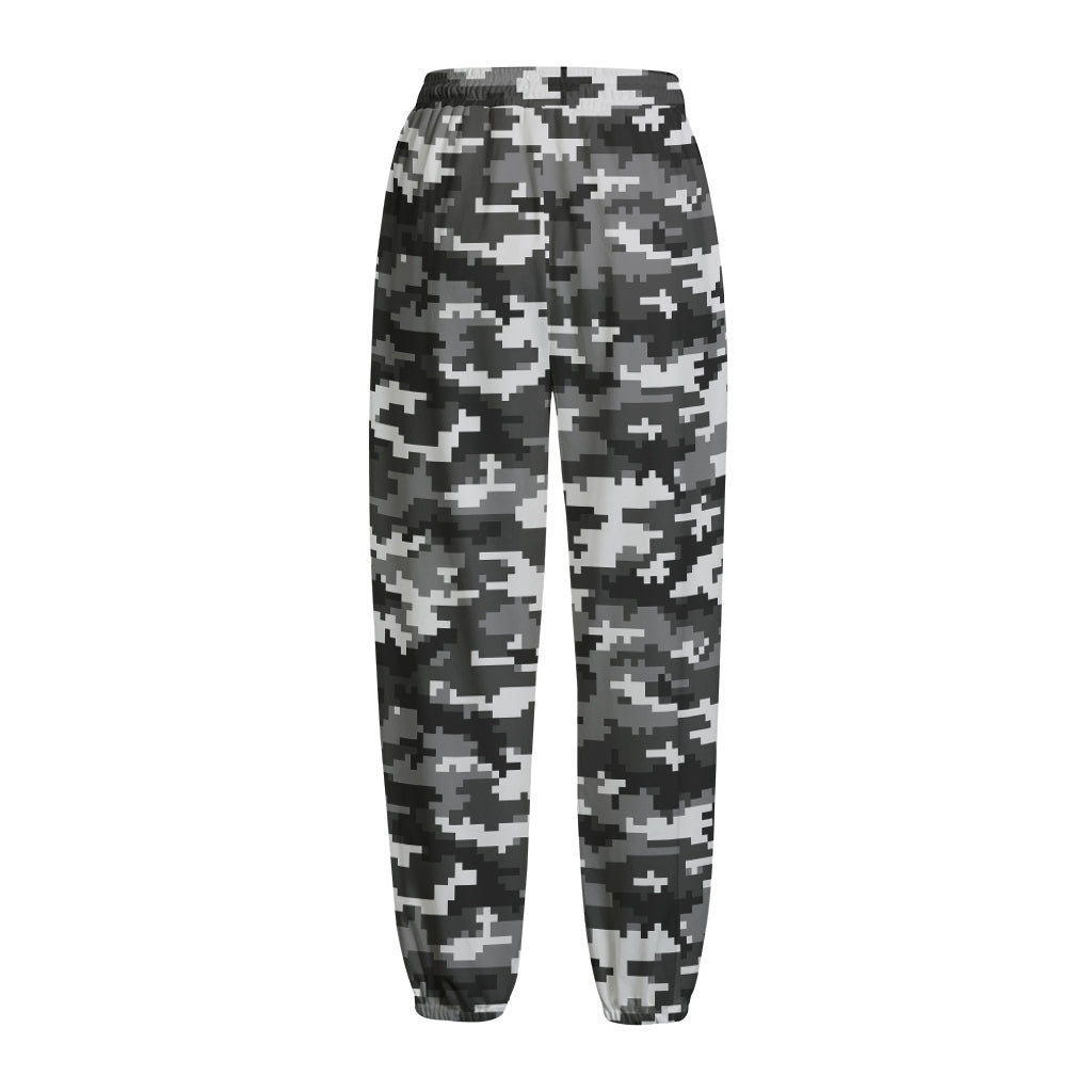 Black White And Grey Digital Camo Print Fleece Lined Knit Pants