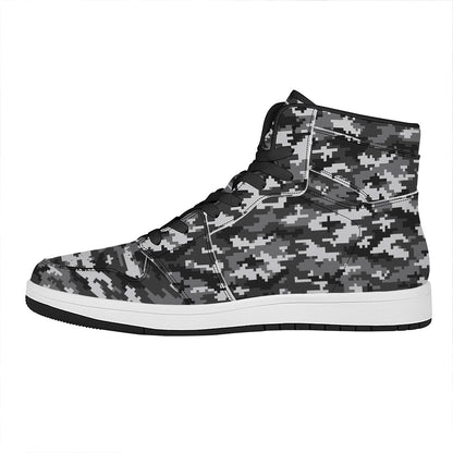 Black White And Grey Digital Camo Print High Top Leather Sneakers