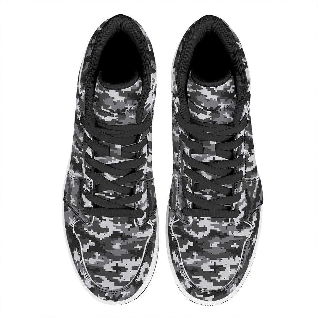 Black White And Grey Digital Camo Print High Top Leather Sneakers