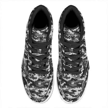 Black White And Grey Digital Camo Print High Top Leather Sneakers