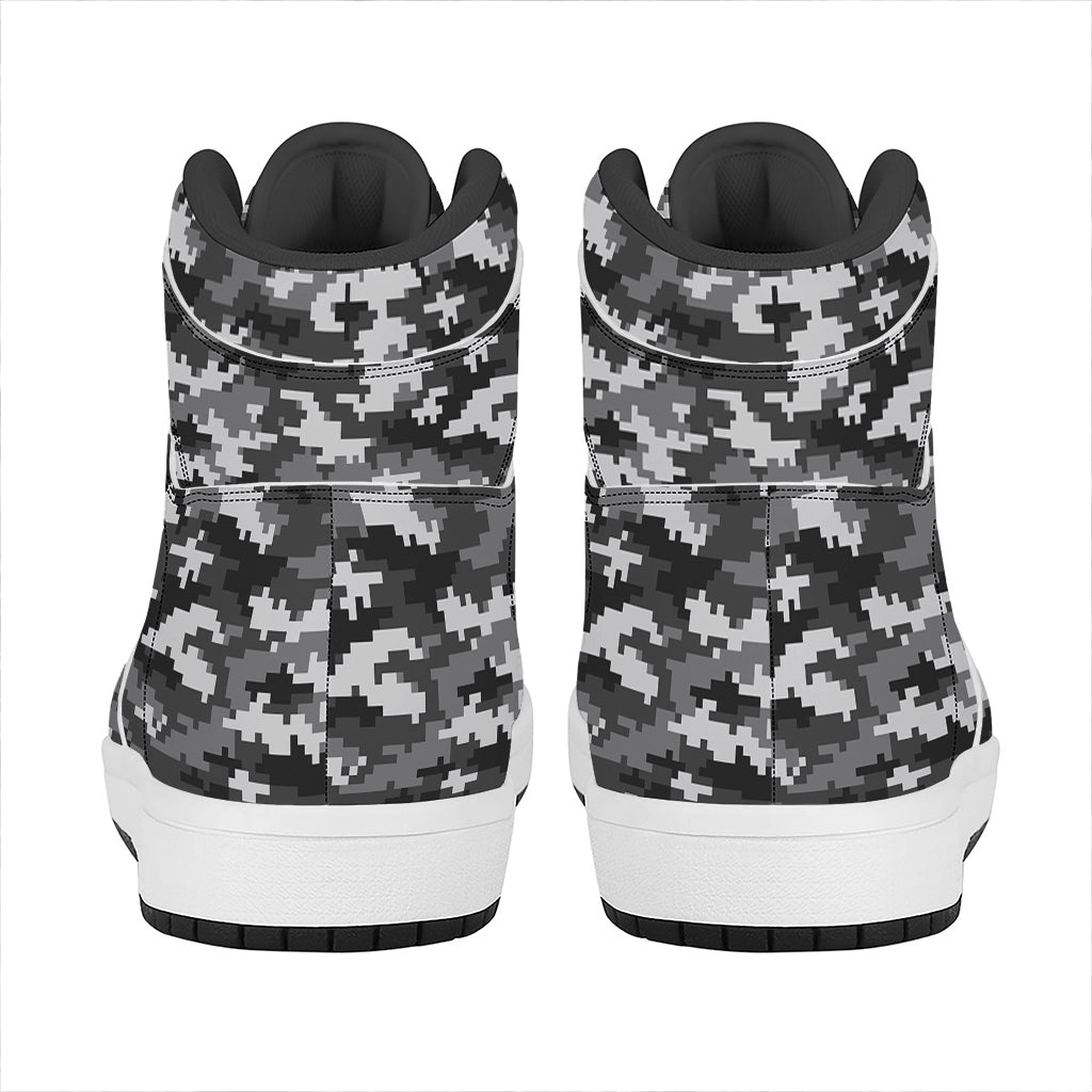 Black White And Grey Digital Camo Print High Top Leather Sneakers