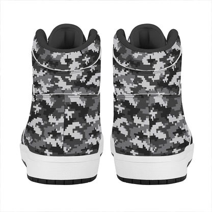 Black White And Grey Digital Camo Print High Top Leather Sneakers