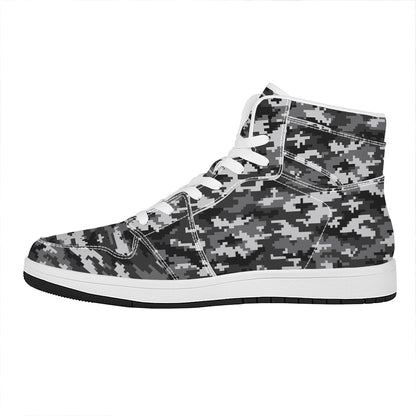 Black White And Grey Digital Camo Print High Top Leather Sneakers