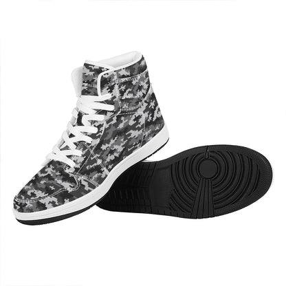 Black White And Grey Digital Camo Print High Top Leather Sneakers