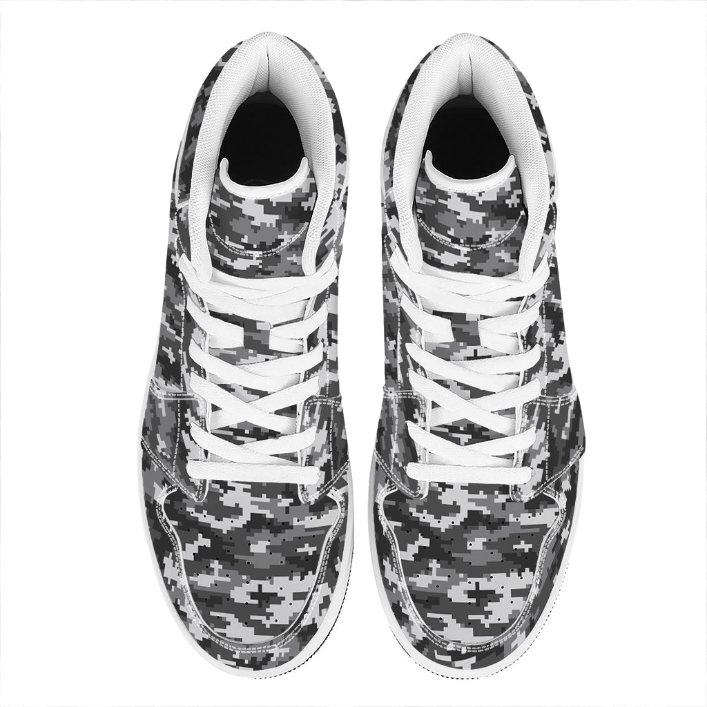 Black White And Grey Digital Camo Print High Top Leather Sneakers