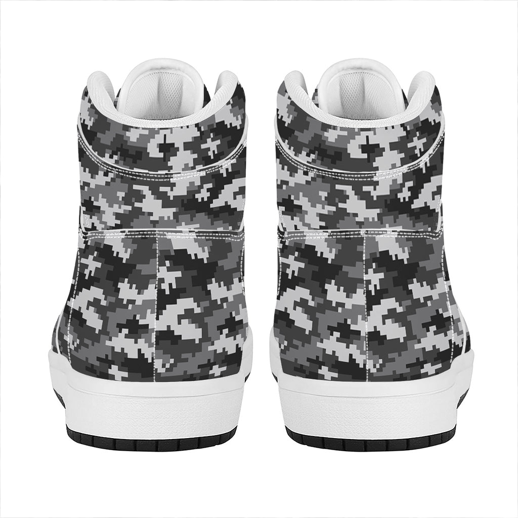 Black White And Grey Digital Camo Print High Top Leather Sneakers
