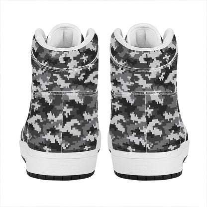 Black White And Grey Digital Camo Print High Top Leather Sneakers