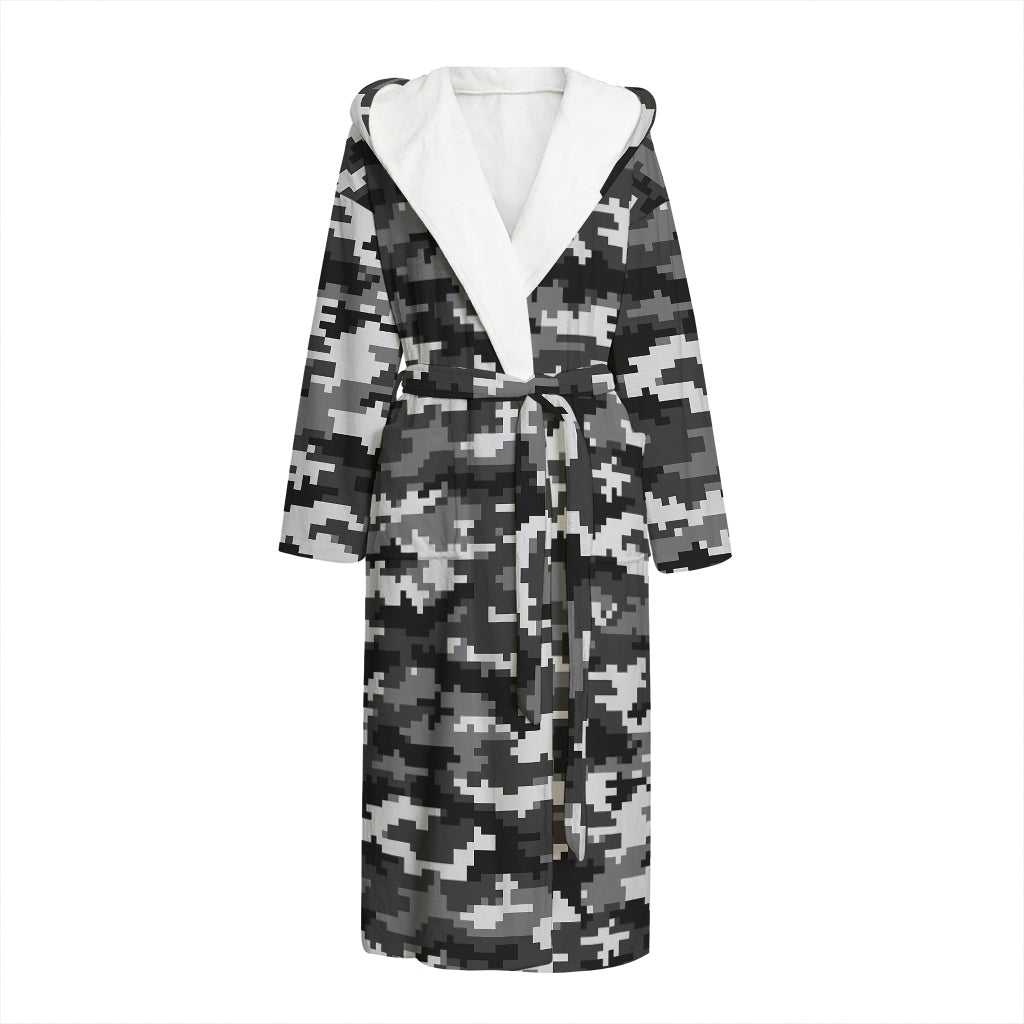 Black White And Grey Digital Camo Print Hooded Bathrobe