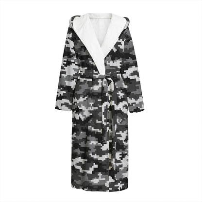 Black White And Grey Digital Camo Print Hooded Bathrobe